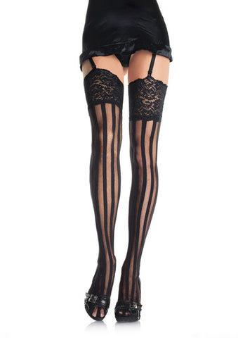 9218 Vertical Striped Stocking With Lace Top